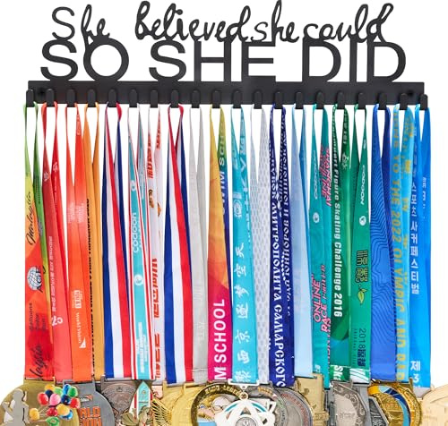 Goutoports Medal Holder Display Hanger Rack Frame for Sport Race Runner - She Believed She Could - Sturdy Black Steel Metal Over 60 Medals Easy to Install
