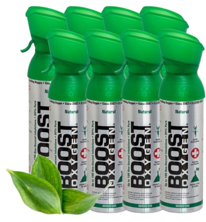 Boost Oxygen - Bombola di Ossigeno Portatile - Bomboletta di Ossigeno Puro e Naturale al 95% - Concentrazione, Recupero, Energia, Umore, Medio - 40Lt, 8x5Lt (8x Pacchi - 800 Inalazioni) - Naturale