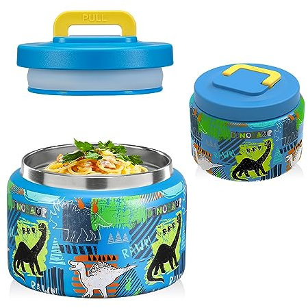 JXXM 8 Oz Thermo Food Jar for Hot & Cold Food for Kids, Insulated Lunch Containers Hot Food Jar,Leak-Proof Vacuum Stainless Steel Wide Mouth Lunch Soup Thermo for School (BLUE-Dinosaur)