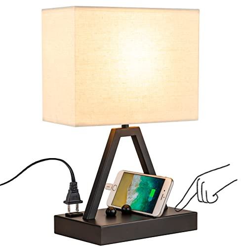 Briever Touch Control Table Lamp, 3-Way Dimmable Desk Lamp with USB C & USB A and AC Outlet, Bedside Lamps with Phone Stands for Bedroom, Living Room, Office, LED Bulb Included, Black