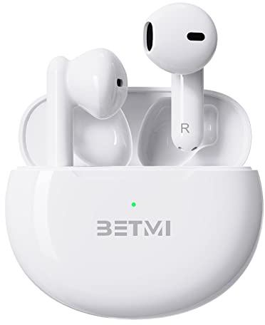 BETMI Äkta trådlösa öronsnäckor, in-ear, bluetooth 5.3-hörlurar, 40 timmars speltid, IPX5-vattentät TWS med dubbel mikrofon, för sport, lätta hörlurar för Android iOS/iPhone, vit