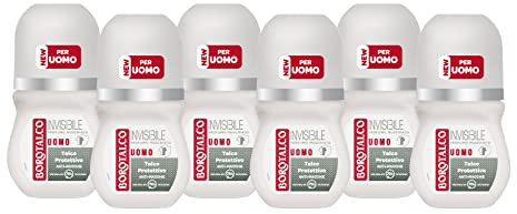 Borotalco, Deodorante Uomo Roll On Invisibile, Formula Senza Alcool con Talco Protettivo, Anti-Macchie, Profumo Muschiato, 72h di Efficacia - 6 Pezzi da 50 ml