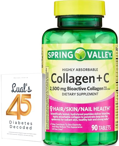 Spring Valley Collagen + C Tablets for Hair/Skin/Nail Health, 2,500 mg, 90 Count, Highly Absorbable, Collagen Plus Vitamin C Bundle with Luall's 45 Diabetes Decoded