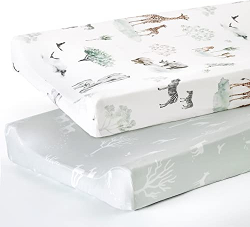 GRSSDER Stretch Ultra Soft Jersey Knit Changing Pad Cover Set 2 Pack, Change Table Pad Covers Fit 32/34 x 16 Pads Safe and Snug, Pretty Pattern for Boys and Girls, African Savannah Animals