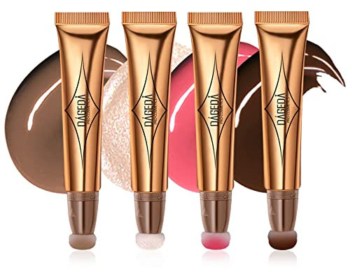 Prreal 4Colors Contour Highlighter Blush Beauty Wand, Shimmer Concealer Blush Highlighter Pen,Creamy Matte Body Face Liquid Concealer Blush Highlighter Stick with Soft Cushion Applicator(01+04+07+08)