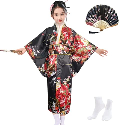 KRUIHAN Kimono pour Filles,Yukata Kimono Robe Japonaise,Robe de Chambre en Satin pour Enfants,Costumes de Cosplay,Robes de Fête pour Filles,avec Éventail Pliant et Chaussettes Tabi,Style B,Noir,130
