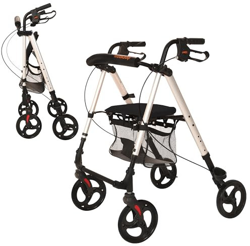 MobiQuip Lightweight 4-Wheel Aluminium Rollator with Seat, 6.4kg - Silver Frame with Black Seat - Folding Mobility Walker with Basket, Loop Brakes, Walking Stick Holder - Height Adjustable