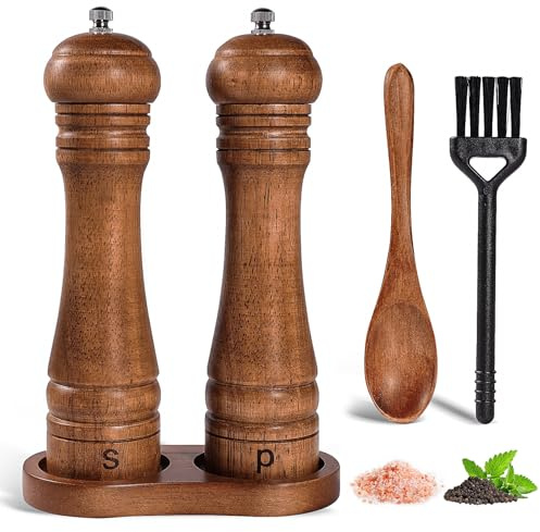 DEBETOOL Wooden Salt and Pepper Grinder Set with Stand - 8-inch Oak Wood Salt Mill Pepper Grinder Set, Adjustable Ceramic Core, 2 Pepper Mills + Wooden Spoon & Cleaning Brush (Kitchen Essential)