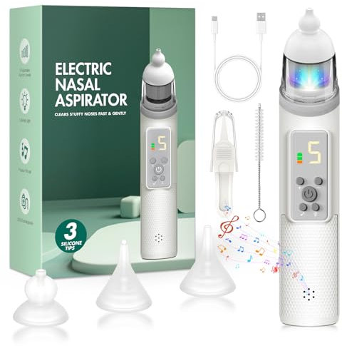 HotHands Nasal Aspirator, Wiederaufladbarer Elektrischer Nasensauger, 5 Stufen der Saugkraft Einstellbar, mit 3 Weichen Silikonspitzen, Integrierter Musik- und Beruhigendem Licht