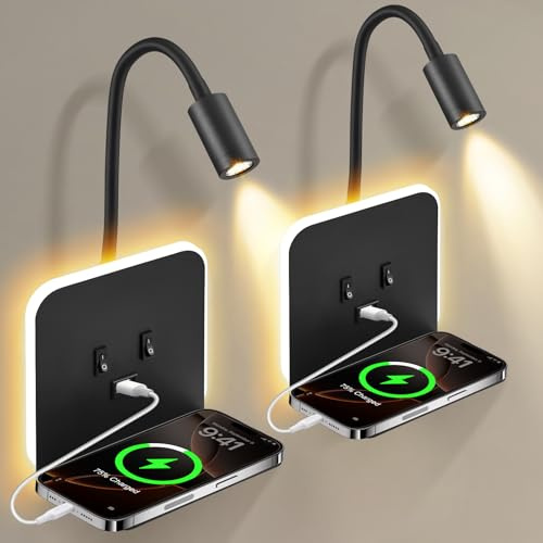 Contraxump Lampada da Parete a LED per Interni, Lampada da Lettura a LED da Comodino con Interruttore, Porta USB, Vassoio, Lampada da Parete orientabile a 360°, Lampada da Lettura da Comodino(B)