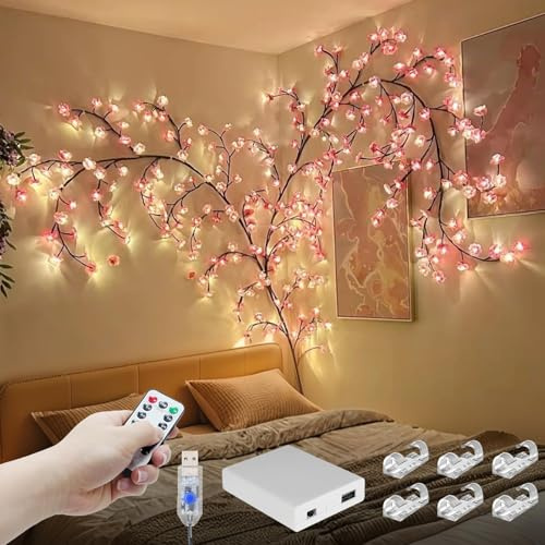 FNHMSL Cherry Enchanted Willow Vine Lights, 4FT 48LED Pink Cherry Blossom Tree Branch Lights for Wall, Remote Timer,8 Light Model,Bedroom Wall Doors Wedding, Christmas, USB Battery Box