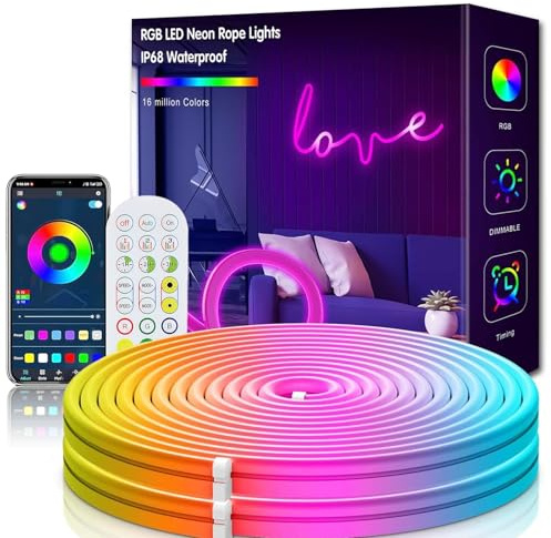 FunGeneTEC Neon LED-strålkastare 3 Meter, Silikon Neon LED-lampor Flexibel Fungerar med APP, Fjärrkontroll, IP67 vattentät, Musiksynkronisering, Utomhus/Inomhusfestdekoration