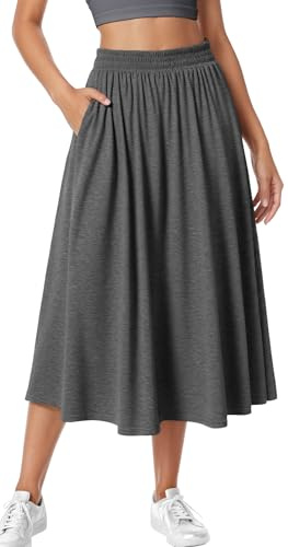 Adigau Jupes Mi-Longue pour Femmes Jupe de Sport Décontractée Unie Jupes Haute Taille Élégante A-Ligne Jupe Plissée Taille Élastique avec Poches Gris Foncé XL