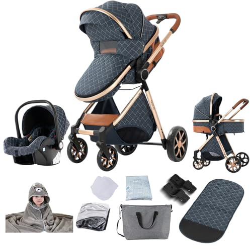 Reenborn Carrito Bebe 3 en 1, Carro Bebe con Diseño Plegable con Un Solo Clic, Cochecito con Dos Modos de Empuje Reversibles, Carricoche 3 Piezas con Marco de Aluminio (YV9 Blue)