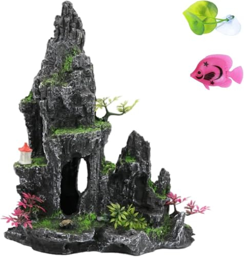 Toolzia Resin Aquarium Mountain Decoration with Cave & Tree House, Large Rock Thematic Fish Tank Ornament, Aquarium Decor for Fish Tank (with Random Color Plastic Small Fish and Aquatic plants)