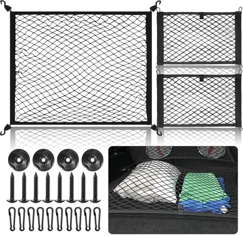 Set de Filet de Rangement Filet Coffre Voiture Grille Élastique de Coffre avec Croch. avec Crochets de Montage et de Vis Treillis Séparateur pour Fixer Les Bagages Adaptable à Plupart des Voitures