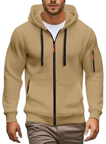 Sudadera con capucha para hombre con cremallera, estilo oversize, casual, suave, cómoda, invernal, de un solo color, con bolsillos, deportiva, firmada, de manga larga, estilo Y2K, ropa urbana, Caqui