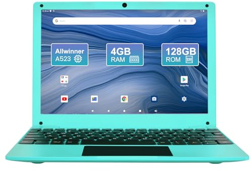 Fwmntu Mini Laptop Computer, 10.1 inch Android 13, 4GB RAM, 128GB Storage, HD IPS Display, 1280x800 Pixel, Portable Netbook with Allwinner A523 CPU Black (Blue)