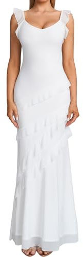 XinFSh Women's Ruffle Wedding Guest Maxi Dress Mesh Bodycon Long Formal Cocktail Party Dresses 2026 White