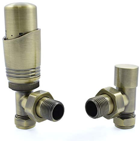 Hot Flow Antique Brass Cascade Angled Modern TRV Thermostatic Radiator Valve (Pair) Includes Angled TRV Body & One Lock Shield for Quick & Easy Temperature Control. Perfect for Energy Saving.