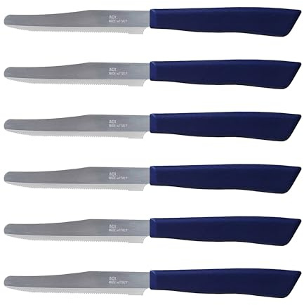 Tredoni 6 Couteaux de Cuisine - Couteau Dentelé 11cm en Acier Inoxydable Italien à Légumes/Steak/Table, Pointe Arrondie (Bleu)