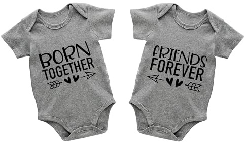AOUYOA 2-Pack Baby Twins Bodysuits Born Together Friends Forever Newborn Short Sleeve Funny Outfits Twin Unisex Romper 0-12M(grey bf 6m)