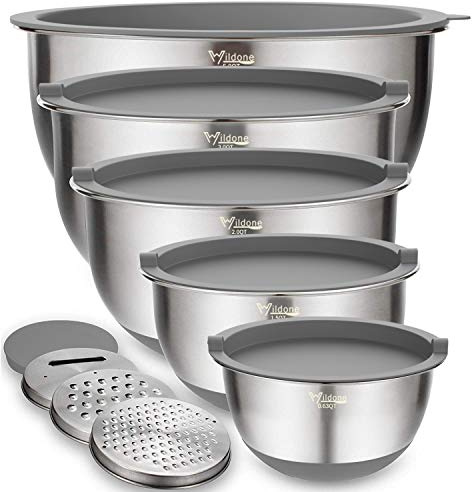 Wildone Mixing Bowls with Airtight Lids Set, 5PCS Stainless Steel Nesting Bowls Set for Kitchen, with Grater Attachments & Non-Slip Bottoms, Size 5, 3, 2, 1.5, 0.63 QT, Great for Baking & Serving