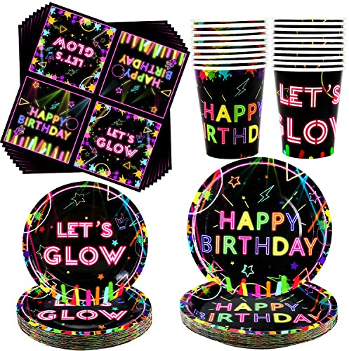 Ywediim Glow Neon Party Tableware Supplies Serves 40 - Includes Plates, Cups,Napkins,for Let’s Glow Theme Blacklight Party Decorations (Serves 40)