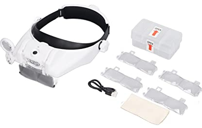Uppladdningsbar Huvudförstoringsglas, LED-huvudförstoringsglas med 3 LED-lampor Uppladdningsbara Handsfree Pannband Förstoringsglasögon 2.0X、2.5X、3.0X、3.5X, Förstoringsglas