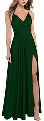 xxxiticat Abito da sera formale da donna, con scollo a V e spalline sottili, in raso, da damigella d'onore, a linea A, con spacco, Verde Scuro, S