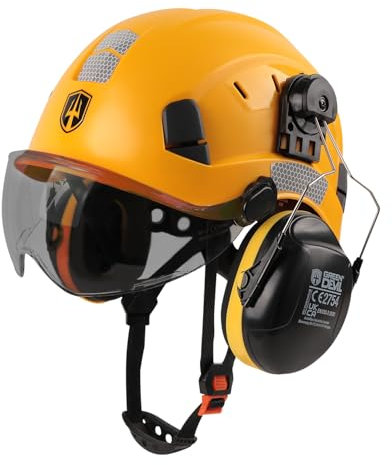 GREEN DEVIL Casque de protection, casque de travail avec visière transparente et protection auditive, casque de sécurité ABS réglable, casque de chantier ventilé avec casque industriel EN 397 (visière
