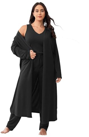 Vaimti plus size 3 Piece Casual Cardigan Vest Pants Set, Women's Pajama Loungewear Set Casual Homewear Set for Fall Winter, Black, 5XL Plus