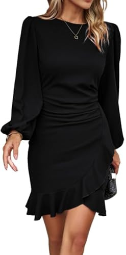 Haibang Robe Moulante Élégante à Manches Longues Pour Femmes - Courte Vintage Ruffle Crayon Midi Pour Soirée Cocktail Party Formelle Travail Automne Hiver