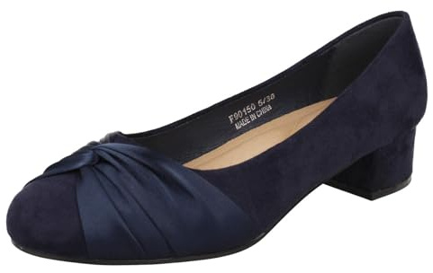 Spot On Ladies Block Heel Wide Fit Formal Satin Bow Court Shoes F90150 - Navy Microfibre - UK Size 9 - EU Size 42 - US Size 11