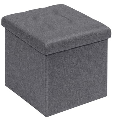 Bonlife Grey Folding Linen Fabric Ottoman Storage Boxes with Lids,Cube Small Footstool Seat Reat Toy Box Storage Chest for Living Room 32x32x32cm