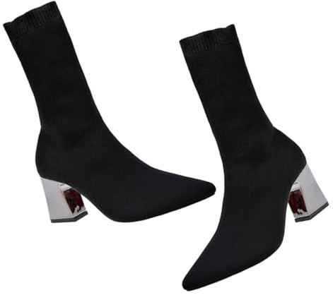 VALICLUD Autumn Knitted Sock Boots Shoes Chunky Heels Shoes Women Shoes Ankle Boots High Heel Shoes Upper Material: Fly Woven Fabric Black