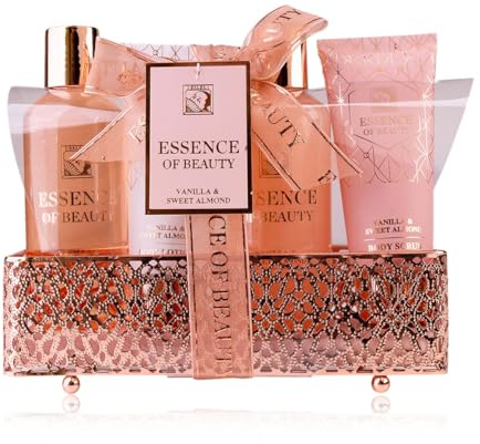 Accentra Set de ducha SALSA ESSENCE OF BEAUTY para mujeres en cesta, con gel, espuma de baño, loción corporal, exfoliante, aroma Vainilla y Almendra, regalo de lujo para damas
