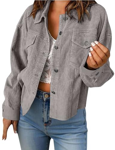 Dyhxuan Cordjacke Damen Kurz Hemdjacke Langarm Cordhemd Einfarbig Corduroy Bluse Button Down Hemdbluse Trendy Damenjacke