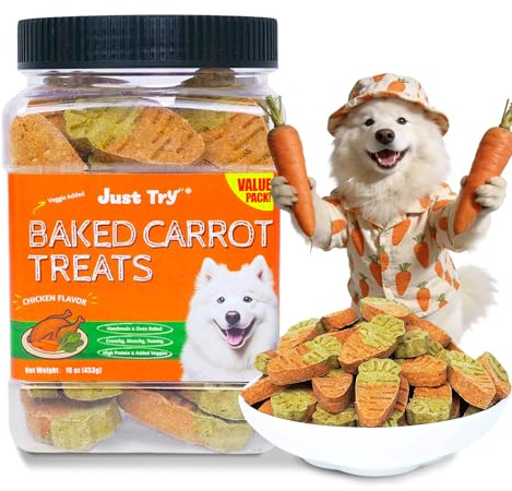 Just Try Baked Carrot Dog Treats, High Fiber, 453g | High Fiber, Baked Carrot Biscuits, Daily Rewards, Low Fat, Easy to Feed, Healthy & Crunchy Dog Training Treats