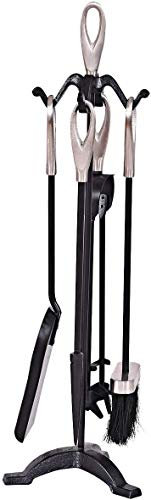 COSTWAY 5 Piece Fire Tools Set, Iron Fireplace Fireside Companion Brush, Poker, Shovel and Tong (Sliver + Black)