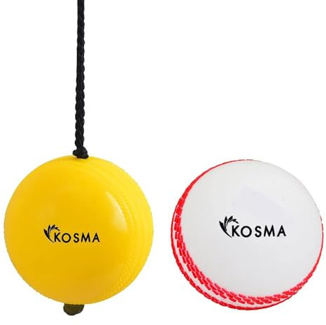 Kosma Set di 2 palline da cricket (palla da appendere per allenamento di cricket con corda di reazione in colore giallo e palla a vento bianca con cucitura di lettura)