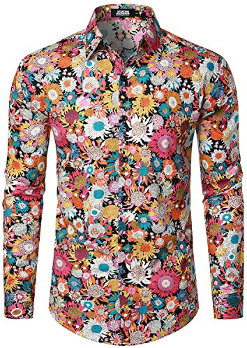 JOGAL Herren Regular Fit Floral Business Hemd Langarm Button Down Print Freizeithemd Schwarz Gänseblümchen X-Large