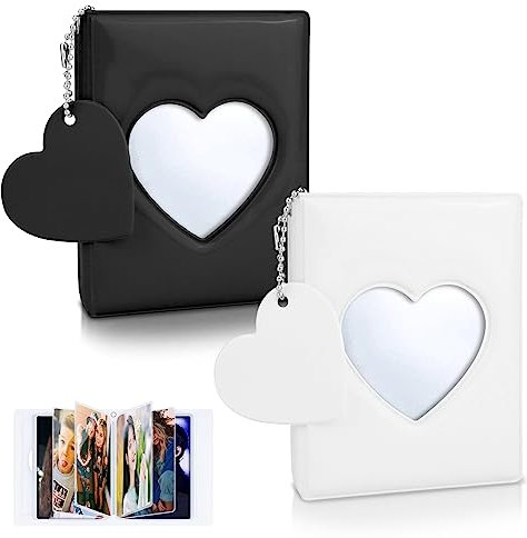 CIOUYAOS 2 Kpop Photocard Holder, 3 Pollici 64 Tasche Mini Porta Album con Cuori Portachiavi, Fotografico per Foto Card (nero + bianco)