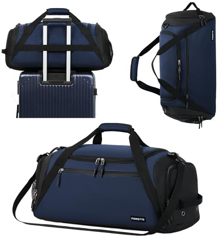 FIORETTO 45L Mens Sports Gym Bag with Wet Pocket & Shoe Compartment, Travel Duffle Bag Overnight Bag with Padded Shoulder Strap, Water-Resistant Holdall for Swimming, Basketball, Football Navy