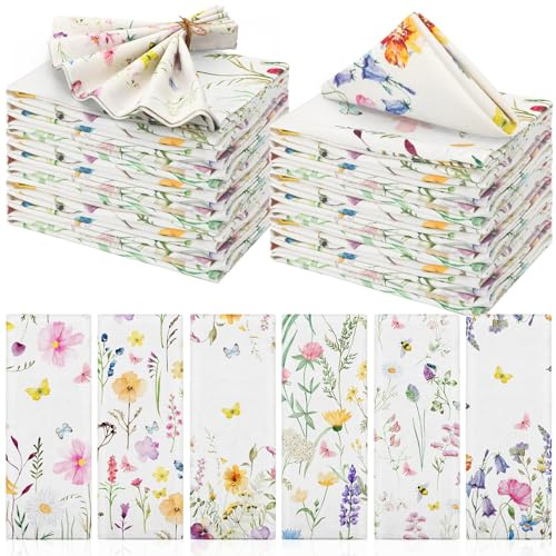 VitalCozy Cloth Napkins-15 x 15 Inch Soft Fabric Napkins Bulk Cloth Washable Reusable Plants Floral Square Napkin Cotton Dinner Towel for Spring Tea Party(Watercolor,24 Pcs)