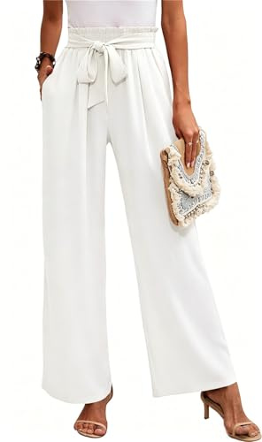 MorFansi Pantaloni Donna Estivi Larghi Elastico Vita Alta Pantaloni Eleganti Pantalone Casual da Spiaggia Comodi Pants Palazzo con Tasche (Bianco,L)