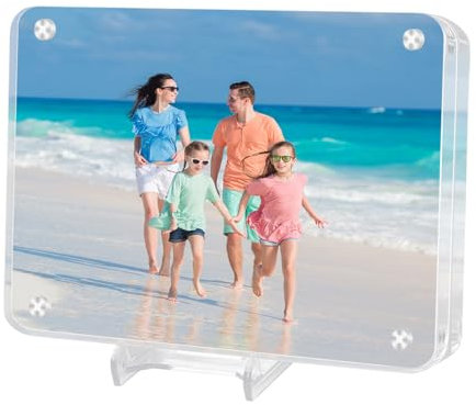 BEBOAN Acrylic Magnetic Photo Frames, 6 x 4 Inch Transparent Double Sided Photo Frame with Stand, Desktop Frameless Photograph Display Block for Tabletop Display Horizontally or Vertically