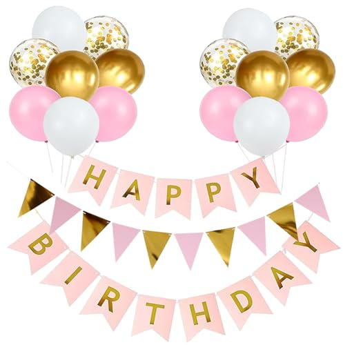 Macaron Pink and Gold Birthday Decoration - Happy Birthday Balloons, Banners and Ribbons for Party Supplies