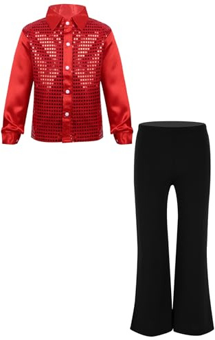 inlzdz Completi Hip Hop Jazz per Bambini Paillettes Button Down Camicia da Danza Classica T-Shirt + Pantalone per Ballo da Sala Danza Standard Latino Americano Rosso 11-12 anni