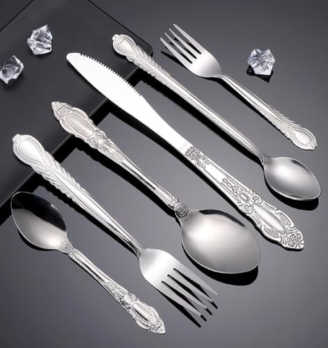 24 delar silverbestick, bestickset, matbestick i rostfritt stål för 4, handtag i fjäderform, matbestick, spegel